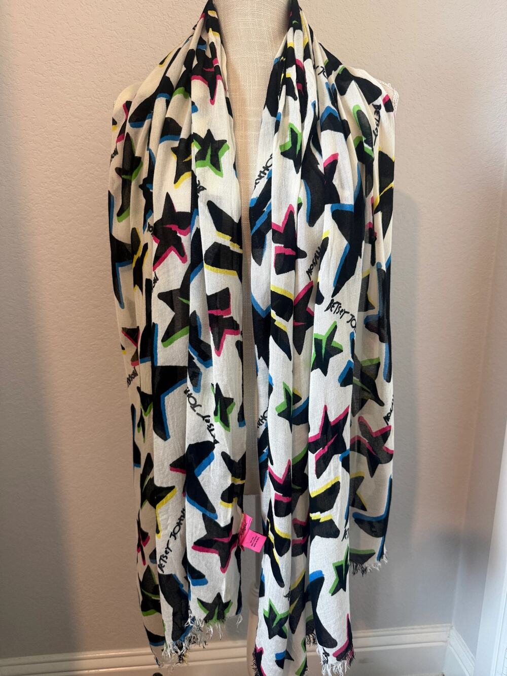 Betsey Johnson Womens Scarf Wrap Shawl One Size White Multicolor Star Print